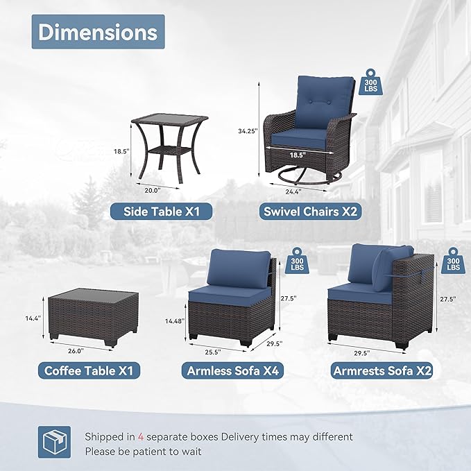 Kurapika 10 Pieces Patio Furniture Set, Rattan Wicker Sofa Set, Outdoor Conversation Sets w/Swivel Rocking Chairs Patio Sectional Sofa w/4 Inch Cushion, Navy Blue