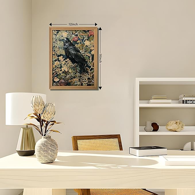 AKWISH Framed 3D Textured Vintage Wall Art - Dark Academia Decor Hand Drawn Sandstone Black Crow Paintings with Botanical Florals, Aesthetic Wall Decor for Living Room Bedroom Home 12x16 inch