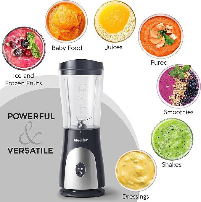Mueller Personal Blender for Shakes and Smoothies with 15 Oz Travel Cup and Lid, Juices, Baby Food, Heavy-Duty Portable Blender & Food Processor, Grey