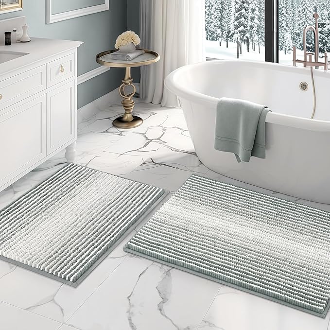 BSICPRO Bathroom Rugs and Mats Sets, 2 Piece Thick Absorbent Chenille Bath Mat Rug Set Non Slip, Soft Shaggy Bath Room Floor Mats for Bathroom, Machine Washable (Light Gray, 20" x 32" Plus 16" x 24")