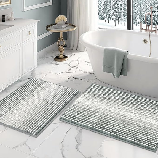 BSICPRO Bathroom Rugs and Mats Sets, 2 Piece Thick Absorbent Chenille Bath Mat Rug Set Non Slip, Soft Shaggy Bath Room Floor Mats for Bathroom, Machine Washable (Light Gray, 20" x 32" Plus 16" x 24")