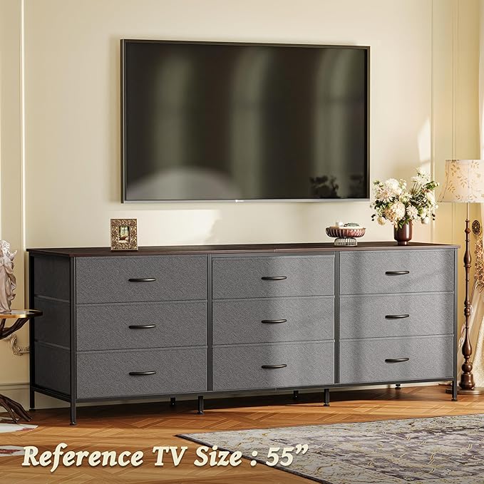Huuger 63 Inch Dresser for Bedroom, Dresser for Closet with 9 Drawers, Large TV Stand for 55, 65, 70 Inch TV, Entertainment Center with Storage, Wide Long Chest of Drawers, Walnut and Dark Grey