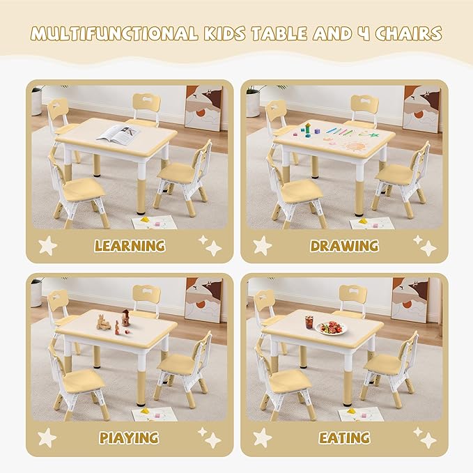 Adjustable Kids Table Chairs Set – Graffiti Desktop, Multi-Activity Height-Adjustable Toddler Study Desk for Ages 3-8 – Ideal for Home, Classroom, Daycare (W-Brown, 4 Chairs-31.5" L x 23.6" W)