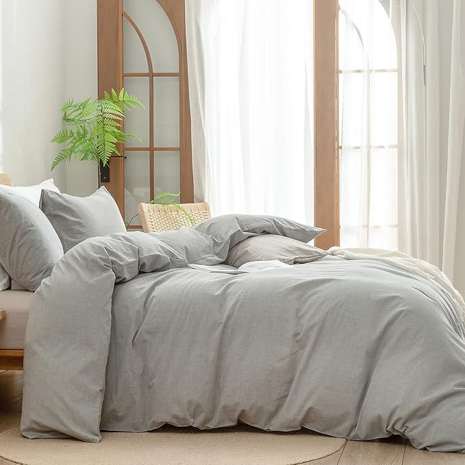 BESTOUCH Duvet Cover Set 100% Washed Cotton Linen Feel Super Soft Comfortable Chic Lightweight 3 PCs Home Bedding Set Solid Light Grey Full/Double