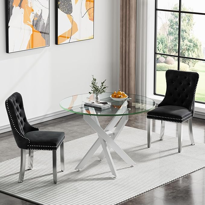 Modern Round Glass Dining Table with Tempered Glass Top and Metal Legs - Perfect for Home, Kitchen, or Dining Room