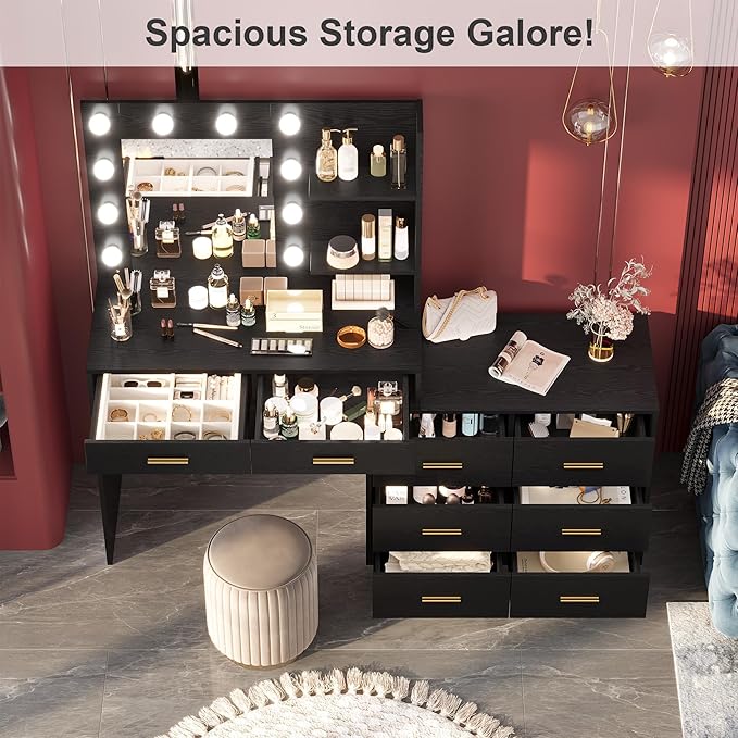 61" Vanity Desk with Mirror & Lights, White Makeup Dressing Table with 8 Drawers & 2 Shelves, 3 Lighting Modes with Adjustable Brightness for Bedroom, Black