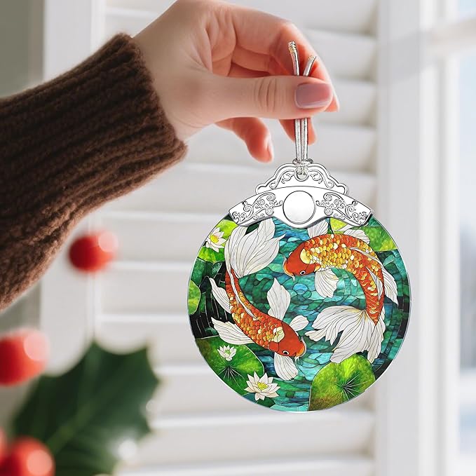 Koi Fish Stained Glass Ornament - Christmas Decorations for Tree | Christmas Ornaments | Koi Fish Art Decor – Holiday Party Gifts | Xmas Gifts | Gift Exchange | Gift Idea