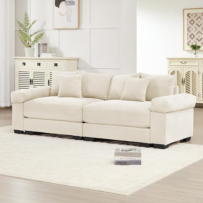 KEIKI 83" Oversized Corduroy Modular Sectional Loveseat Sofa with High-Density Foam Cushions, Extra-Thick Armrest, Upholstered Modern 2-Seater Fluffy Corner Couch with 6 Pillow, for Living Room, Beige