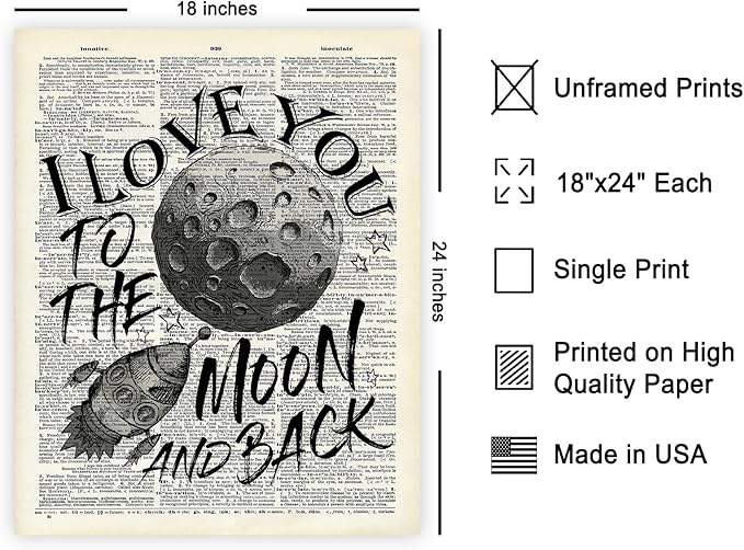 Poster Master Dictionary Art Poster - I Love You To The Moon and Back Print - Motivational Art - Gift for Him, Her & Lovers - Romantic Decor for Dorm, Bedroom or Living Room, 18x24 Unframed Wall Art