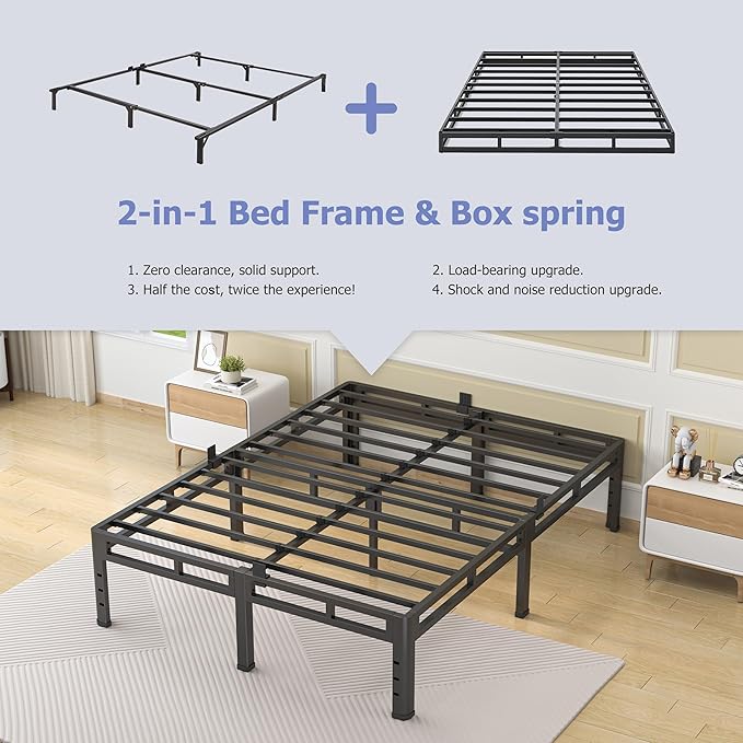 NKZ 18 Inch Twin Size Bed Frame, Metal Bed Frame & Box Spring 2 in 1 Platform with Round Corner Legs, 4000Lbs Heavy Duty Metal Frame, Mattress Slide Stopper, Headboard Hole, Noise-Free, Easy Assembly