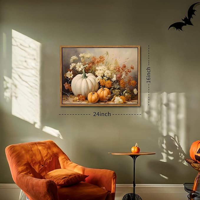 Framed Fall Pumpkin Canvas Wall Art - Farmhouse White & Orange Pumpkins Still Life Pictures Prints, Autumn Halloween Thanksgiving Wall Decor for Living Room Kitchen 16x24 inch