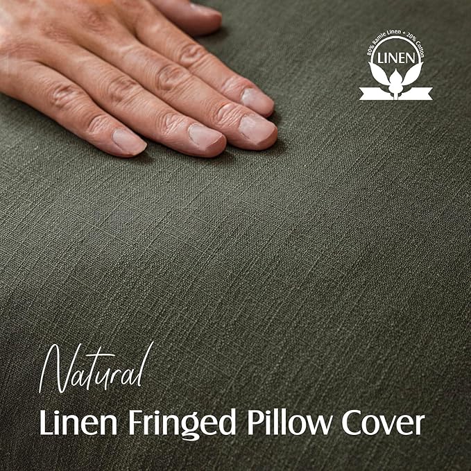 Foindtower Set of 2 Decorative Linen Fringe Throw Pillow Covers Farmhouse Cushion Cover with Tassels Accent Pillowcase for Couch Bed Sofa Living Room Home Bedroom Decor,12×24 Inch,Dark Olive Green