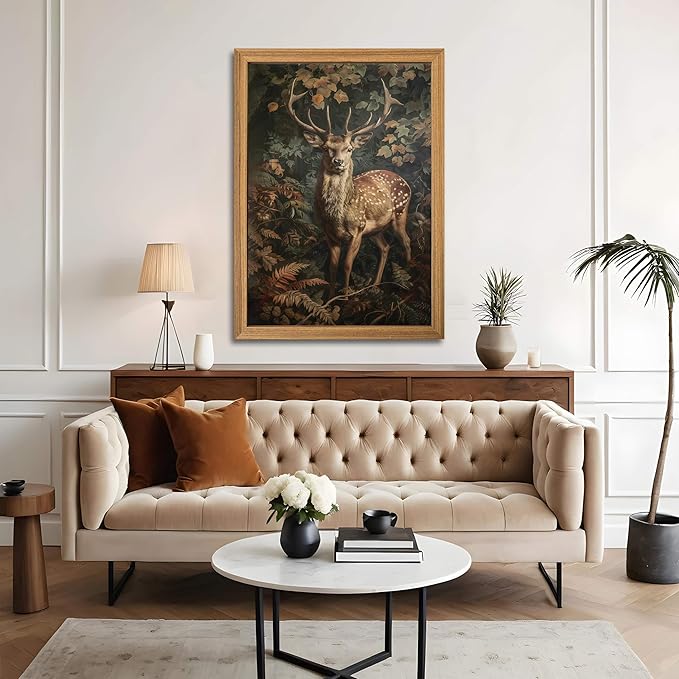 Framed 3D Textured Vintage Wall Art - Dark Academia Decor Sika Deer Hand Drawn Sandstone Paintings with Botanical Florals, Aesthetic Wall Decor for Living Room Bedroom Home 24x36 inch