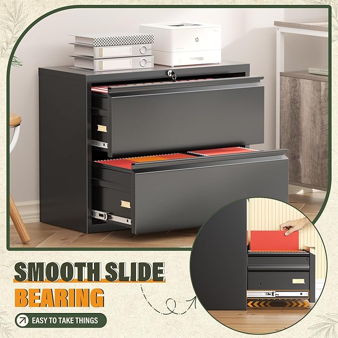 Greenvelly Lateral File Cabinet 2 Drawer, Lockable Metal Filing Cabinet for Home Office, Black Metal File Cabinet with Lock for Legal/Letter/A4/F4 Size with Hanging Bars&Key