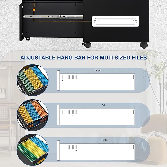 3 Drawer Vertical File Cabinet, Black Mobile Filling Cabinet with Lock for Legal/Letter Size, Pre-Built Office Storage File Cabinet with Wheels Under Desk - Fully Assembled