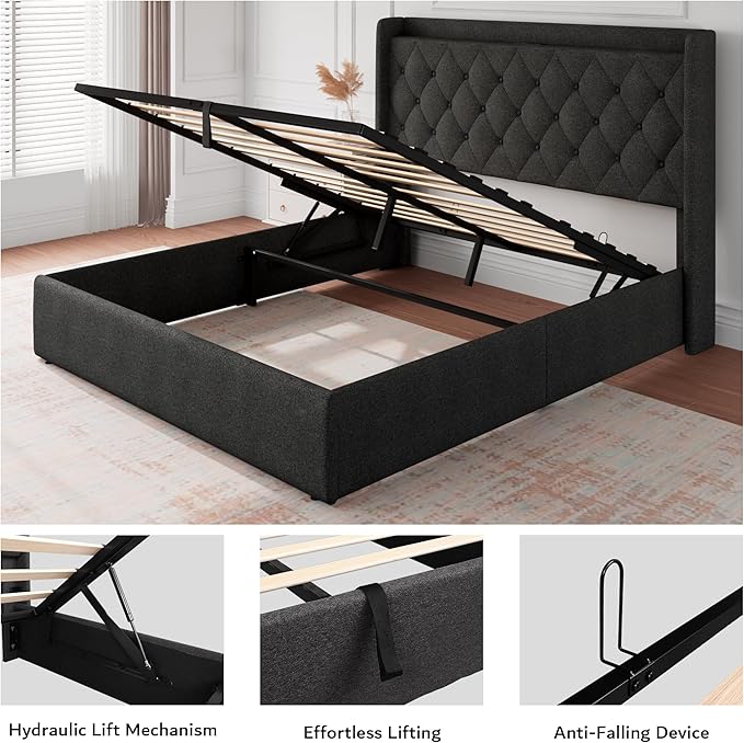 iPormis Full Size Lift Up Storage Bed Frame with Charging Station, Upholstered Platform Bed Frame with Tufted Headboard, Hydraulic Storage, No Box Spring Needed, Noise-Free, Easy Assembly, Dark Grey