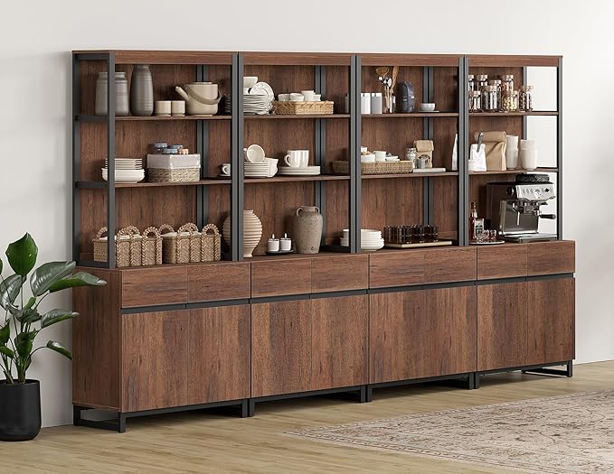 WAMPAT 4 PCS Modern 72" Tall Bookcases with Metal Base and Adjustable Shelves, Library Book Shelf with Storage Cabinet and Open Book Shelfs, Wood Bookshelves for Home Office, Living Room, Brown