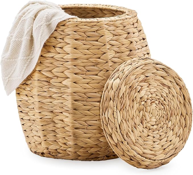 Round Wicker Basket with Lid, Handwoven Hyacinth Storage Basket, Blanket Organizer Basket for Laundry, Bathroom, Bedroom, Living Room, Office