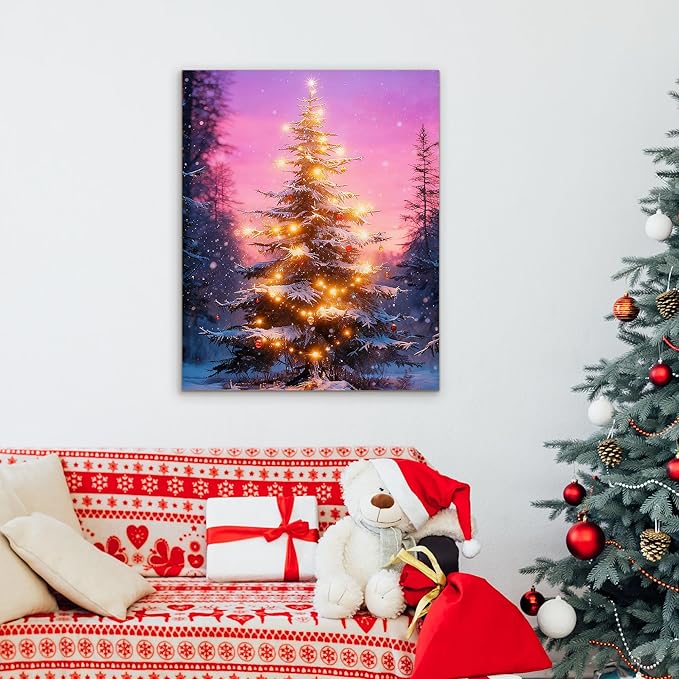 Framed Christmas Pictures Wall Decor,Vintage Pine Tree Prints,Winter Christmas Canvas Wall Art Decoration for Bedroom Bathroom Living Room Rustic Xmas Holiday Gifts (Christmas Tree 18, 24'' X 36'')