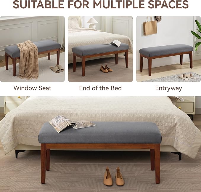 43.5'' Linen Bedroom Bench, Upholstered End of Bed Bench, Padded Vintage Dining Bench, Entryway Bench with Solid Wood Legs, Kitchen, Living Room, Hallway, Dark Grey