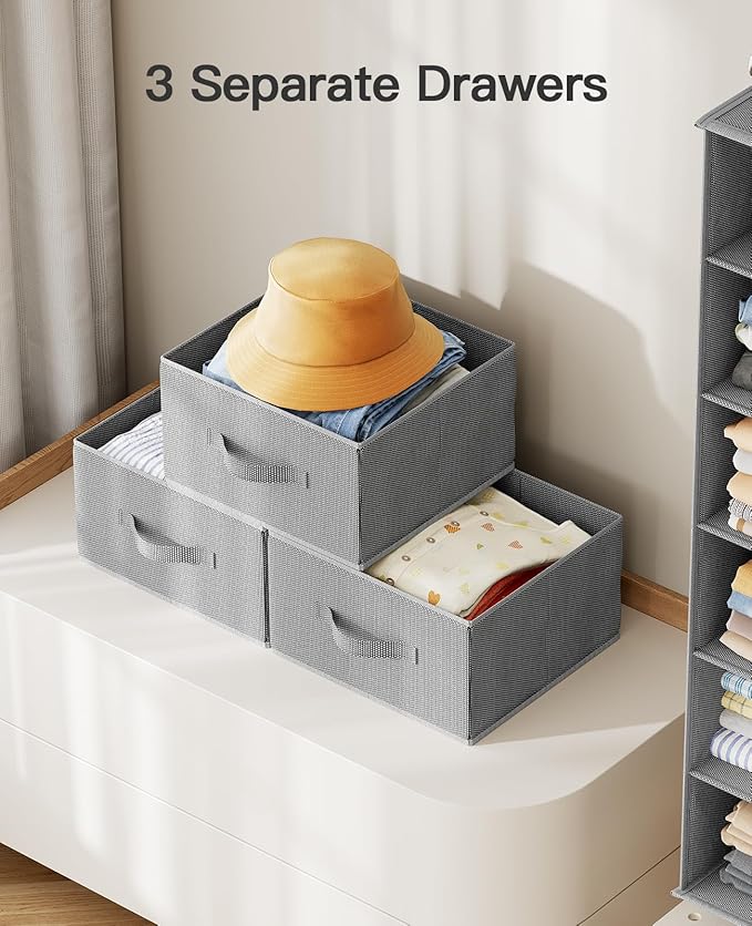 Pipishell Hanging Closet Organizer 6-Shelf, Hanging Shelves for Closet with 3 Removable Drawers & Side Pockets for Bedroom or Garment Rack, 12' x 12' x 43.3', Dark Gray