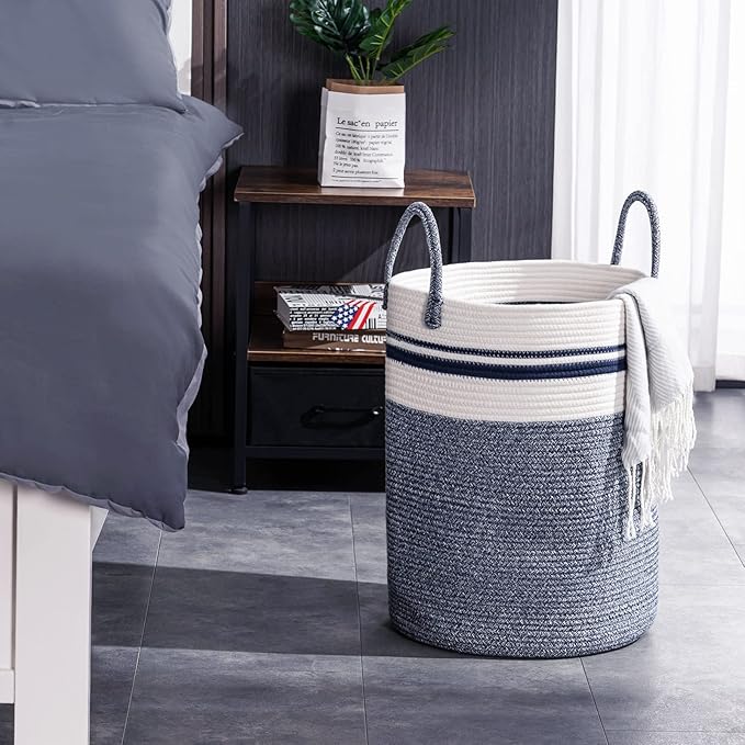 Woven Rope Laundry Hamper Basket, 72L Tall Laundry Basket, Baby Nursery Hamper for Blanket Storage in Bedroom-Large-Blue