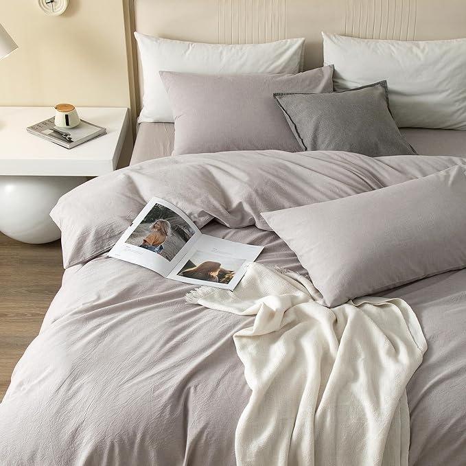 JIYUAN 100% Washed Cotton Duvet Cover Set 3 Pieces Super Queen, 1 Duvet Cover 90x98 Inches(Comforter Not Included) and 2 Pillowcases,Linen Feel Bedding Set Comfy and Breathable, Heathered Linen