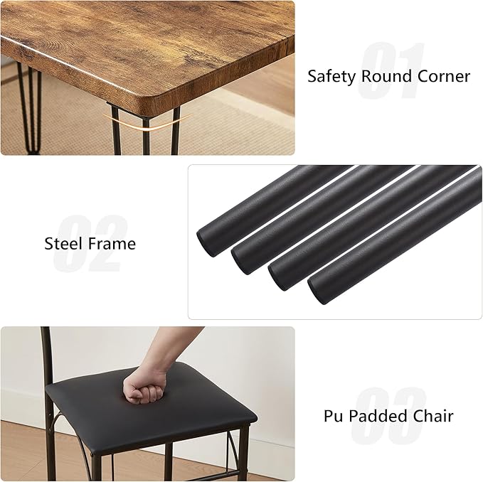 VECELO 5-Piece Dining Table Set for Home Kitchen Small Space Breakfast Nook, 4 Faux Leather Metal Frame Chairs, Retro Brown