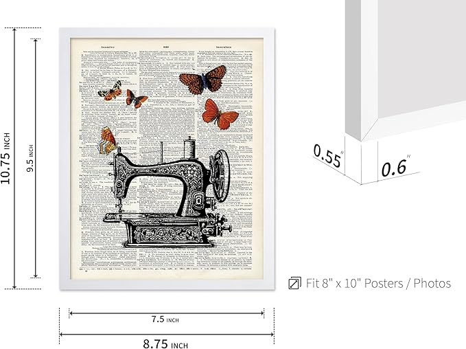 Poster Master Dictionary Art Poster - Sewing Machine Print - Sewing Art - Butterfly Art - Gift for Men, Women & Dressmaker - Chic Decor for Living Room, Bedroom or Office, 8x10 White Framed