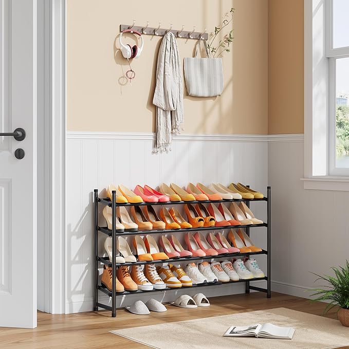 Tajsoon Expandable Shoe Rack for Closet 4 Tier, 29“-41“Adjustable & Stackable Shoe Shelf Storage, Metal Shoe Rack Organizer for Front Door Entrance, Closet, Garage, Entryway, Black