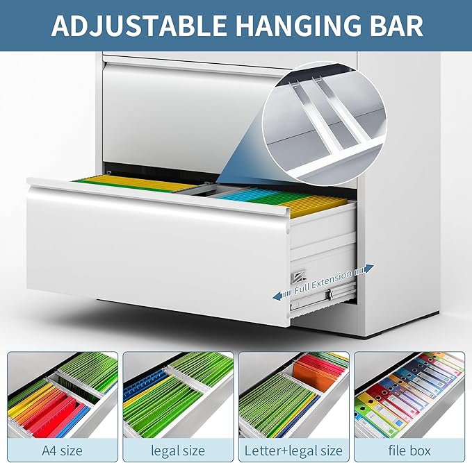 AQY 5 Drawer File Cabinet with Lock,Metal Lateral File Cabinets for Home Office,Steel Wide Filing Organization Storage Cabinets for Hanging Files Letter/Legal/F4/A4 Size,Assembly Required(White)