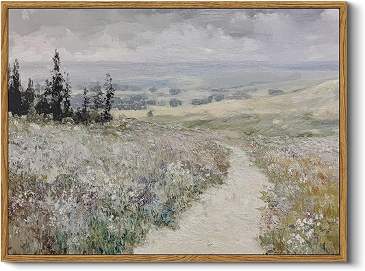 InSimSea Framed Wall Art for Living Room Vintage Landscape Decor Meadow Path Flowers Paingting Wall Decor Aesthetic Cloudy Farmhouse Art Canvas Print Home Decor for Bathrrom, Bedroom Décor 12x16In