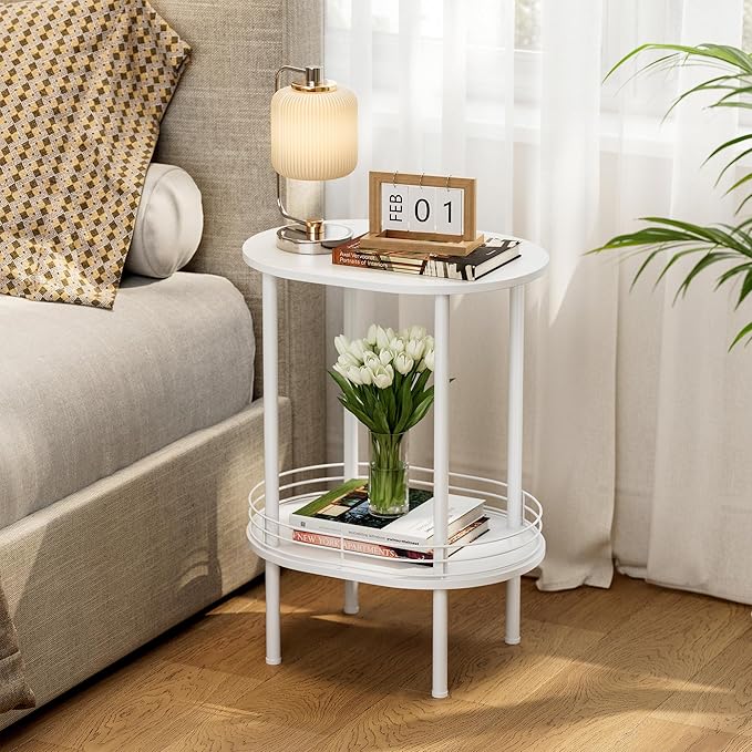 Round Side Table Set of 2,Bedside Table with Storage, Morden Round Nightstand, Samll Side Table for Living Room，Bathroom，Bedroom, Nursery, Laundry, White
