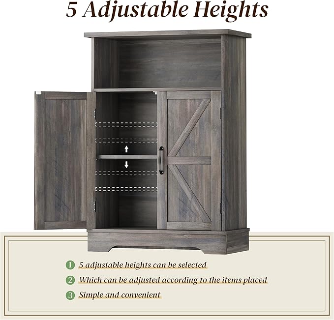 Smuxee Farmhouse Freestanding Cabinet Organizer with Barn Door and Adjustable Shelf, Wash Grey, for Bathroom, Kitchen, Living Room