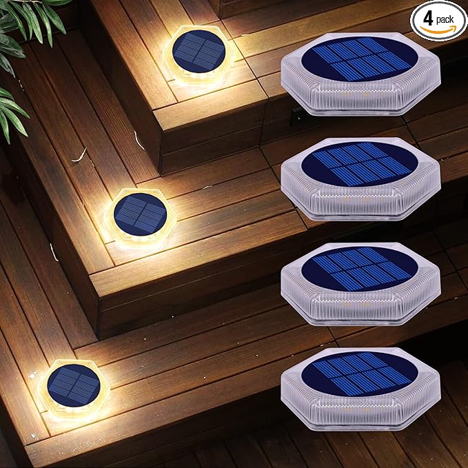 Solar Deck Lights Outdoor, Warm White Waterproof Step Lights for Stairs, Sidewalk, Pathway, Yard, Patio, Garden, Ground (4 Pack)