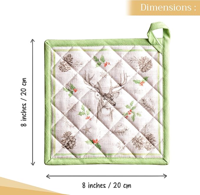 Maison d' Hermine Pot Holders 100% Cotton Heat Resistant Potholders 8" x 8" Hot Pads with Loop for Thanksgiving Christmas Decorations BBQ Cooking Baking Handling Hot Pans (Pack of 1, Christmas Dew)