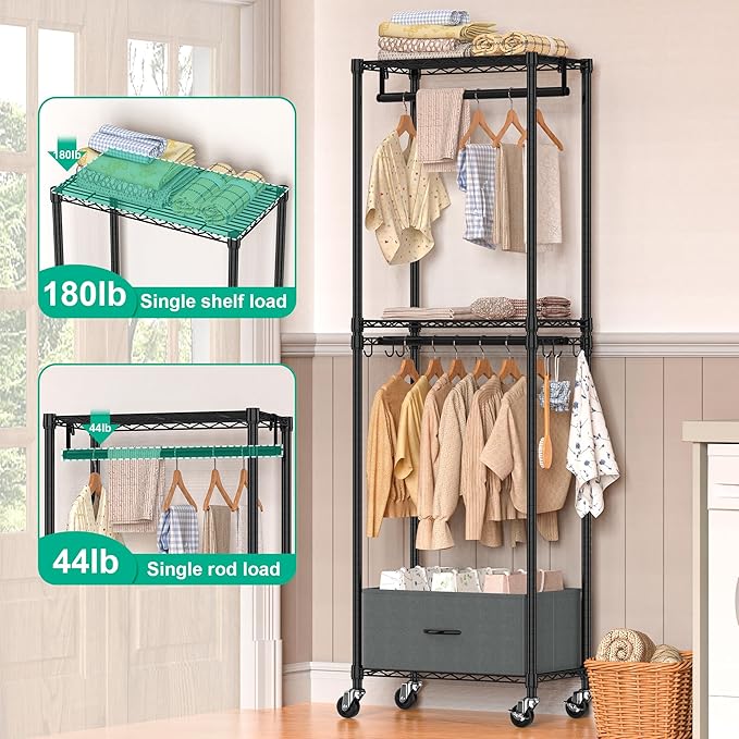 Freestanding Clothes Rack with Drawer, 3 Tier Rolling Garment Rack for Hanging Clothes, Metal Wire Shelving Wardrobe with Rods Portable Closet Organizer Clothing Shelf with Wheels, Black