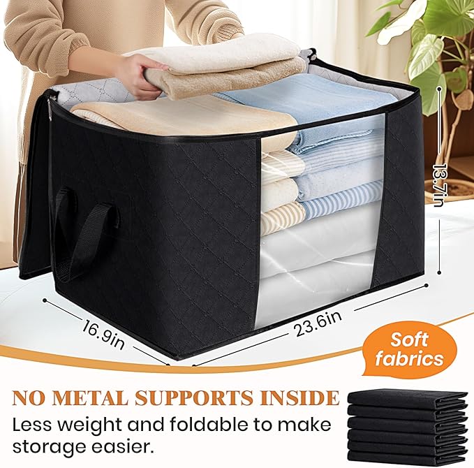Fab totes 90L Clothes Storage, Foldable Thick Fabric Blanket Storage Bags, Containers for Organizing Bedroom, Closet, Clothing, Comforter, Organization with Handle (10 Pack,Black)