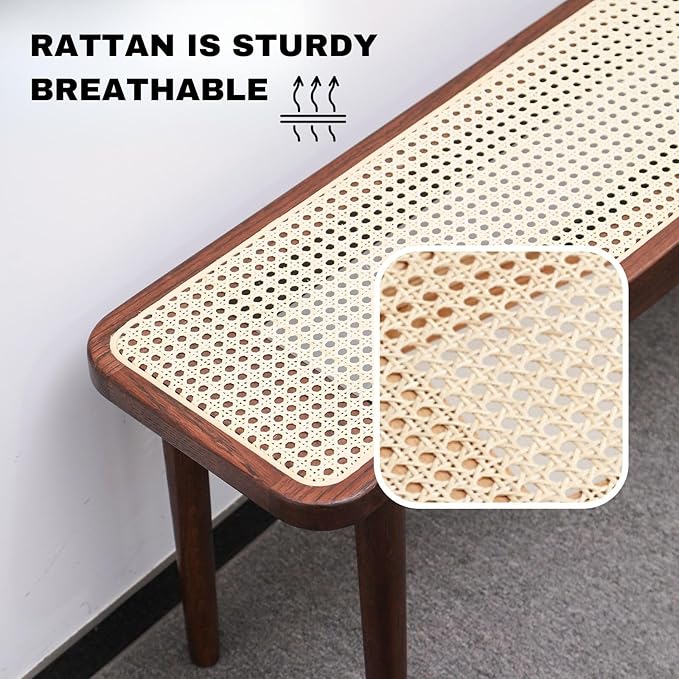 47.2'' Natural Rattan Dining Bench with 100% Solid Oak Wood Bench Frame, Bed End Shoe Ottoman for Kitchen Bedroom Entryway, Walnut