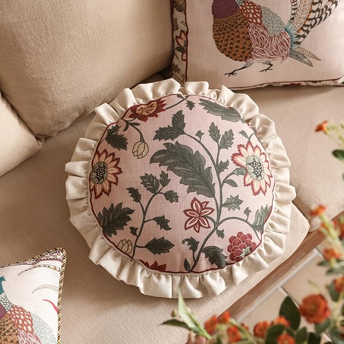 Design Round Pink Floral Linen Throw Pillow Covers Diameter 16" Pack of 2, Vintage Country Flowers Pattern Cushion Covers Decor Pillowcases for Bed,Living Room,Outdoor,Car