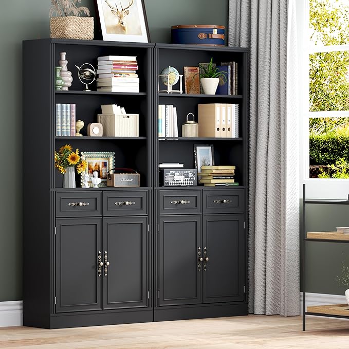 71.4" Tall Bookshelf with Drawers & Cabinet, 5-Tier Floor Standing Bookcase with Storage Doors, Adjustable Shelves & Metal Handles, 31.5" Wide Organizer for Home Office, Living Room