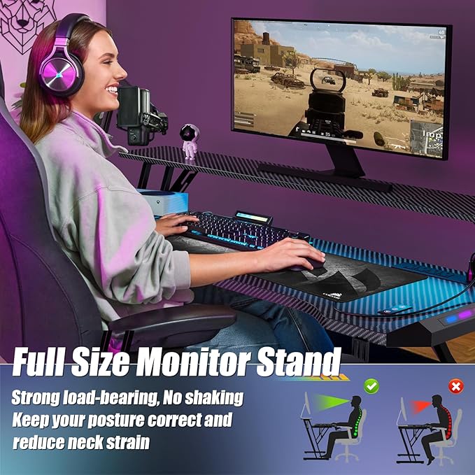 55 Inch Gaming Desk, Smart Computer Gamer Desk with LED Lights & Mouse Pad, Gaming Table with Power Outlet, Monitor Stand, Side Hook, Ergonomic Work Desks for Home Office, Carbon Fiber Black