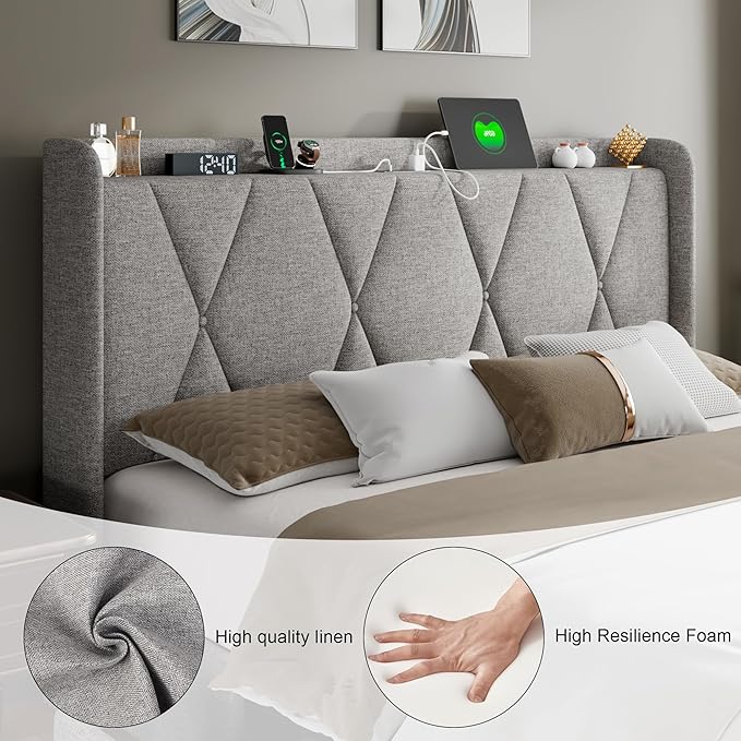 Feonase Queen Bed Frame with 4 Storage Drawers, Upholstered Button Tufted Storage Headboard with Fast Charging Station, Heavy Duty Slats Support, No Box Spring Needed, Noise-Free, Light Grey