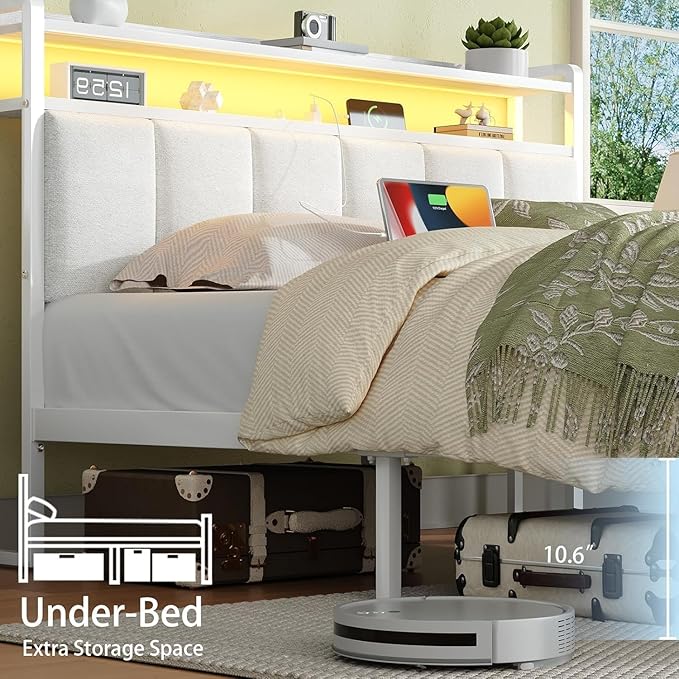 King Bed Frame with LED Lights and Charging Station, Metal Platform Bed Frame King with Upholstered Storage Headboard, Heavy Duty Metal Slats, No Box Spring Needed, Easy Assembly, White
