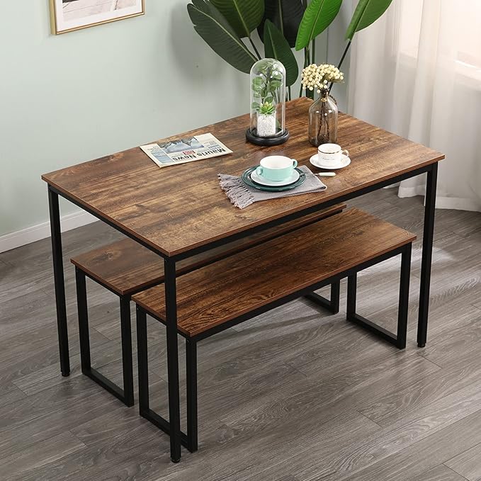 soges 3 PCS Dining Table Set for 4 with 2 Benches, Soho Dining Table and Chairs Set, Industrial Kitchen Table and Chairs Kitchen Breakfast Table Set, Dining Set with Metal Frame, Brown