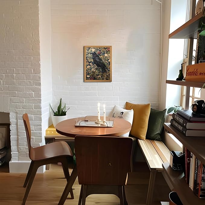 Framed 3D Textured Vintage Wall Art - Dark Academia Decor Hand Drawn Sandstone Black Crow Paintings with Botanical Florals, Aesthetic Wall Decor for Living Room Bedroom Home 8x10 inch