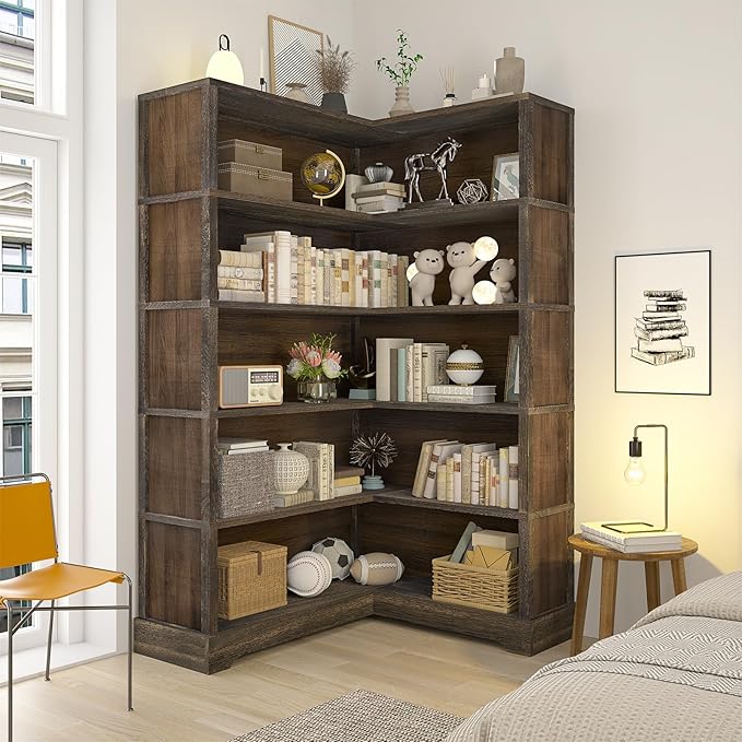 TVU Wood Corner Book Shelf, 5 Tier 65 Inch Tall Bookshelf with Storage, Floor Standing Display Book Shelf for Living Room, Kitchen, Home Office, Rustic Brown