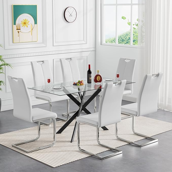 Modern Glass Dining Table Set for 6, Black Glass Kitchen Table and Chairs Set of 6, 7 Piece Dining Room Table Set with 61" Rectangular Metal Glass Dinner Table and 6 White Leather Dining Chairs