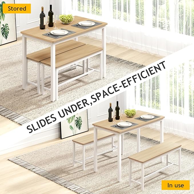 Rovibek 43" Dining Table Benches Set for 4, Modern Space Saving Kitchen Table Chairs & Adjustable Feet Breakfast Table 2 Benches, Wooden Industrial Style Farmhouse, White