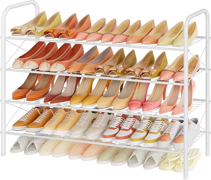 Hoctieon 4 Tier Mesh Style Shoe Rack, Entryway Shoe Shelf, Shoe Storage Organizer, Shoe Rack for Closet, Space Save for Bathroom, Garage, Hallway, Bedroom, Living Room, White